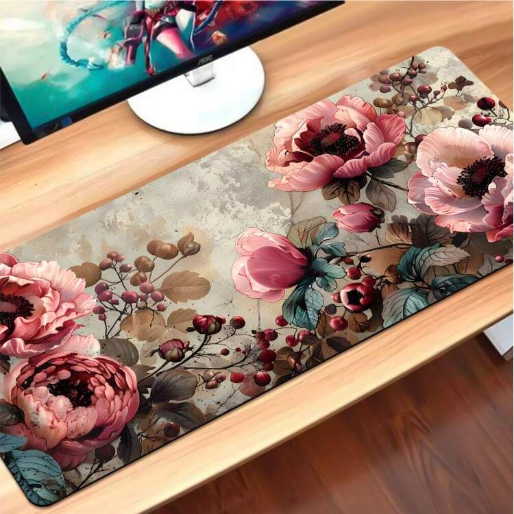 Mouse Pad 70x30cm Floral Delicado Rosa e Marrom