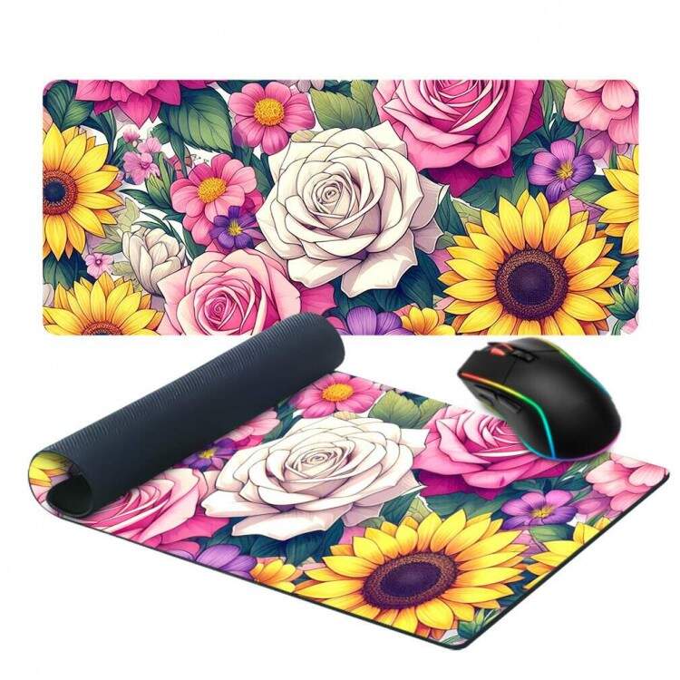 Mouse Pad 70x30cm Floral Rosas e Girassis