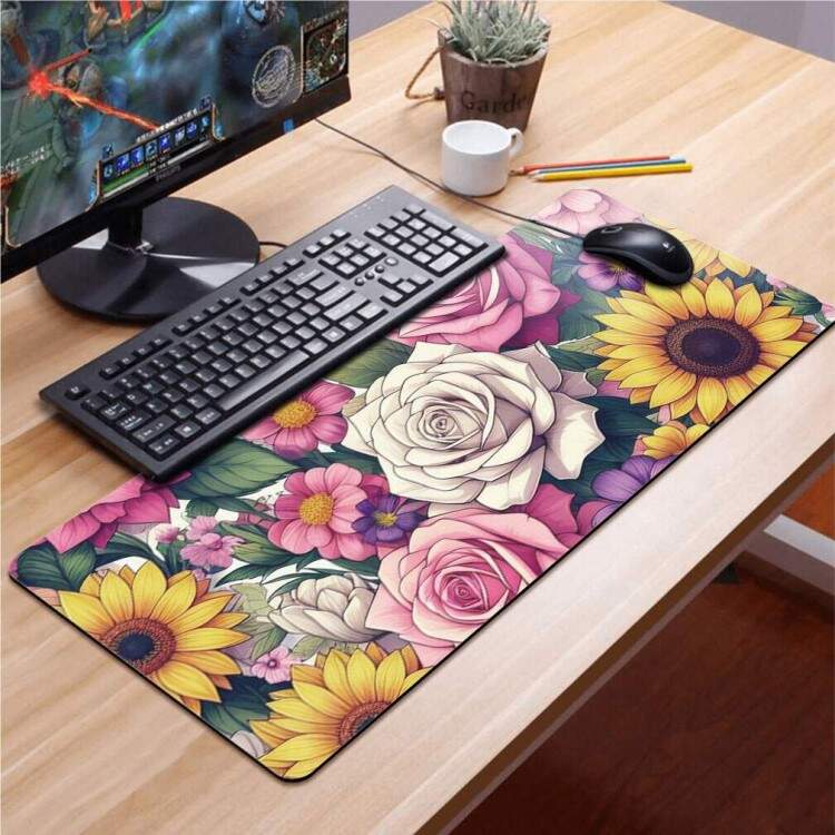 Mouse Pad 70x30cm Floral Rosas e Girassis