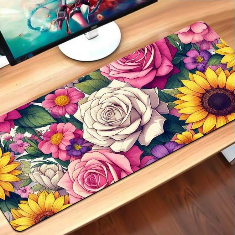 Mouse Pad 70x30cm Floral Rosas e Girassis