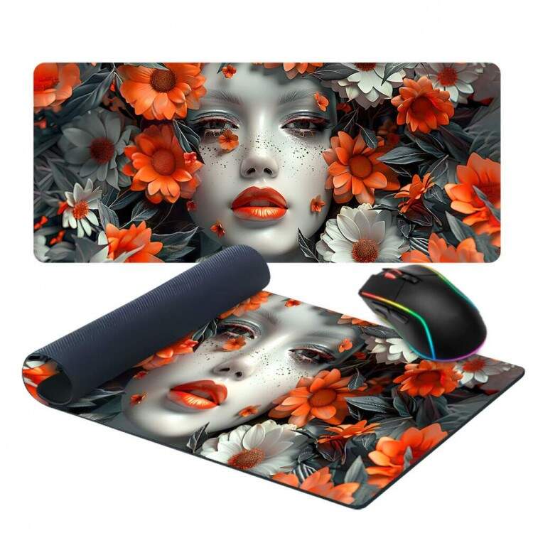 Mouse Pad 70x30cm Floral Abstrato Rosto de Mulher