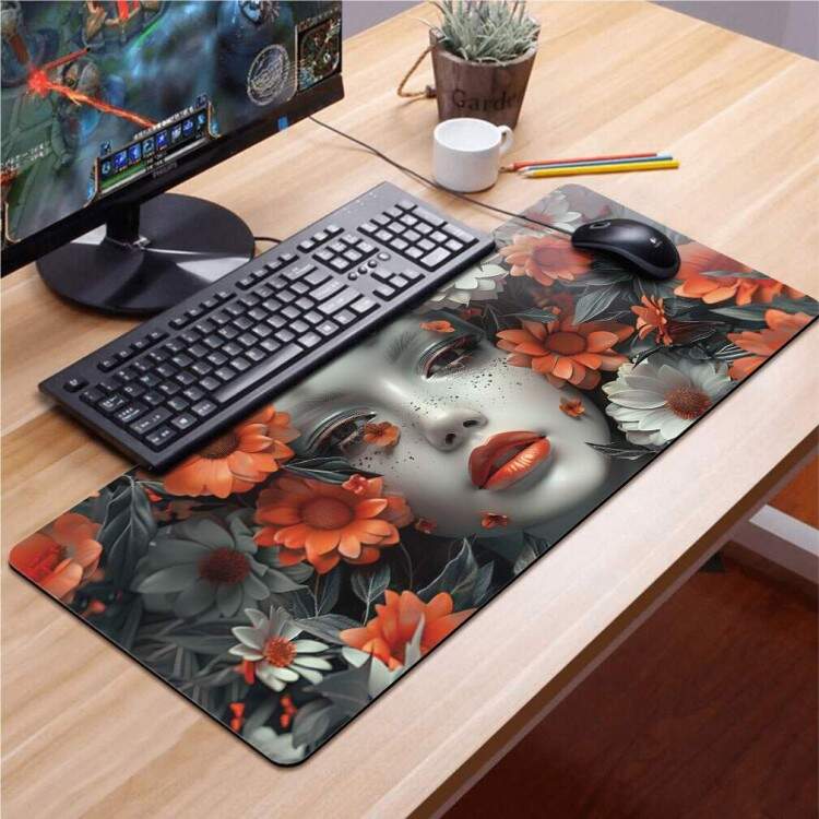 Mouse Pad 70x30cm Floral Abstrato Rosto de Mulher