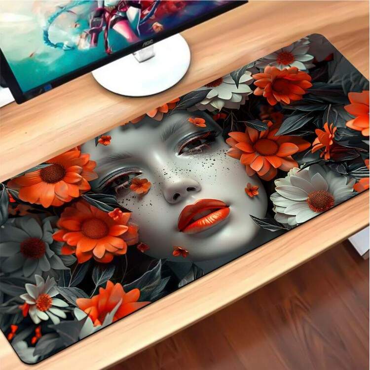 Mouse Pad 70x30cm Floral Abstrato Rosto de Mulher