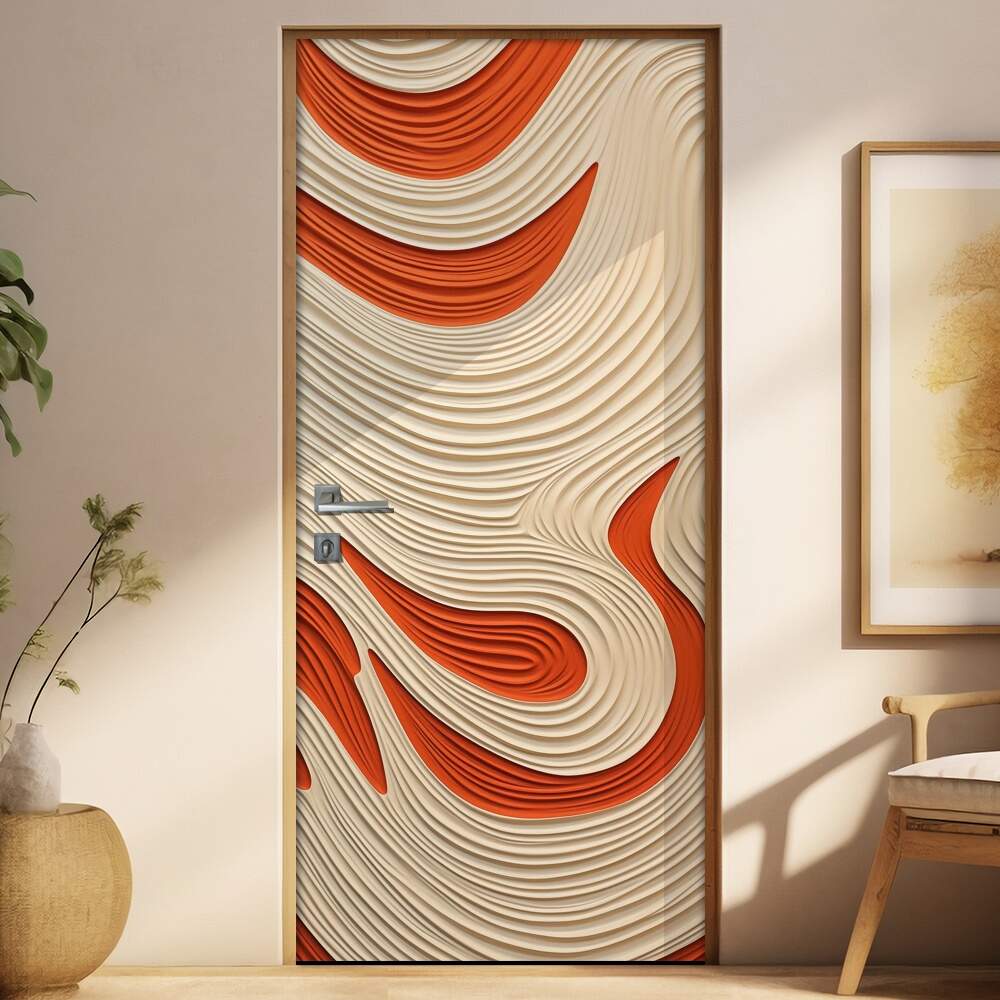 Adesivo de Porta Madeira Bege e Laranja Abstrato