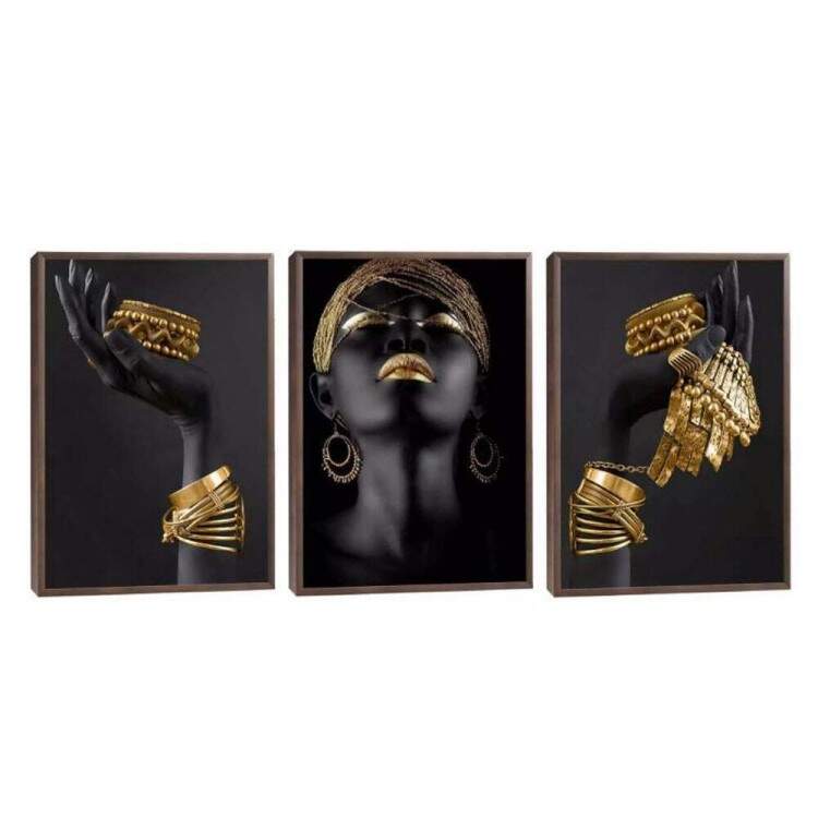 Kit 3 Quadros Decorativos Abstrato Mulher com Detalhes Dourados
