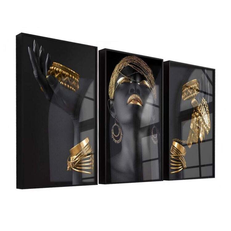 Kit 3 Quadros Decorativos Abstrato Mulher com Detalhes Dourados