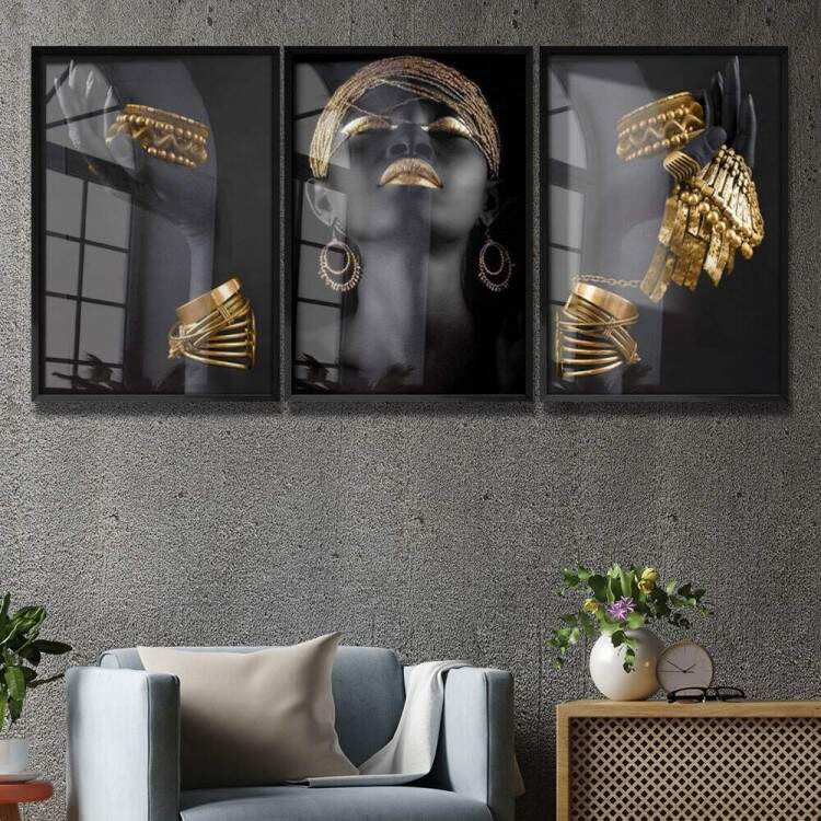 Kit 3 Quadros Decorativos Abstrato Mulher com Detalhes Dourados