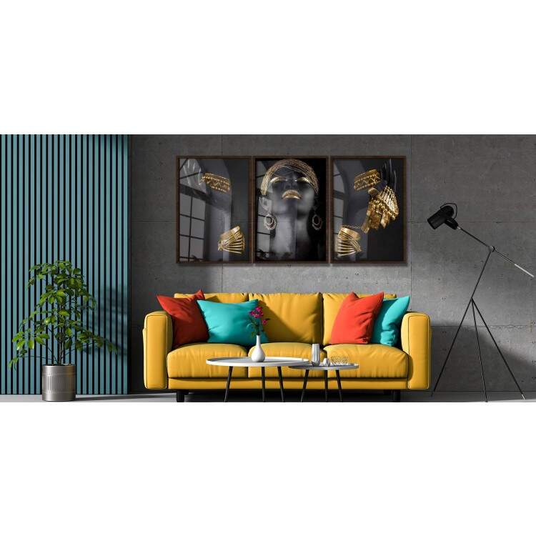 Kit 3 Quadros Decorativos Abstrato Mulher com Detalhes Dourados
