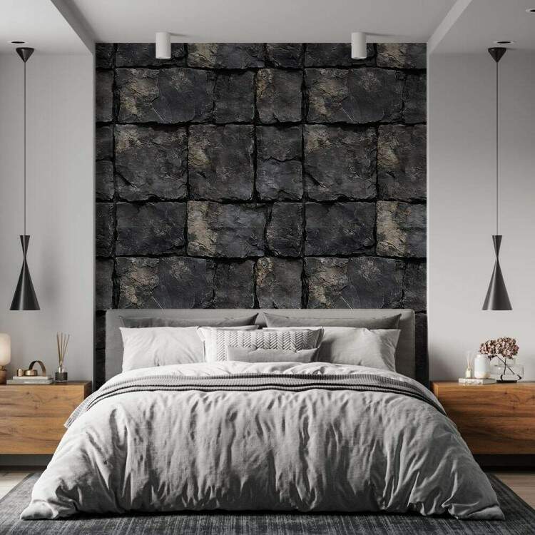 Papel de Parede Blocos de Pedras Escuras com Efeito de Textura