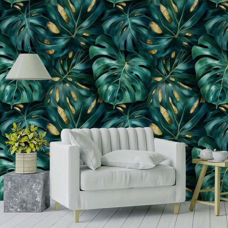 Papel de Parede Floral Folhas Monstera com Detalhes Dourados