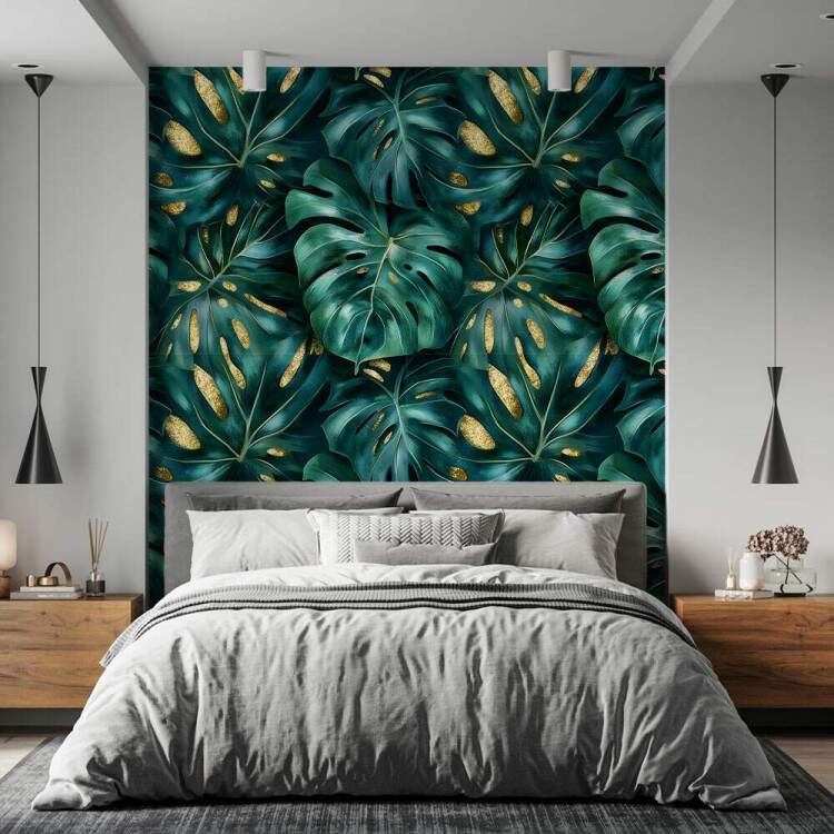 Papel de Parede Floral Folhas Monstera com Detalhes Dourados