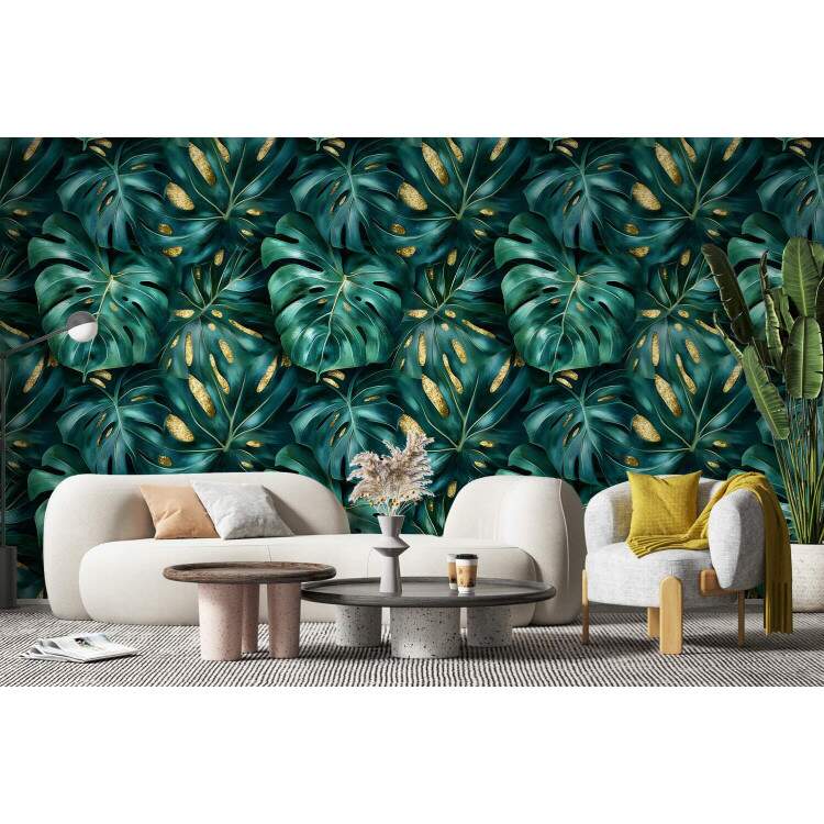 Papel de Parede Floral Folhas Monstera com Detalhes Dourados
