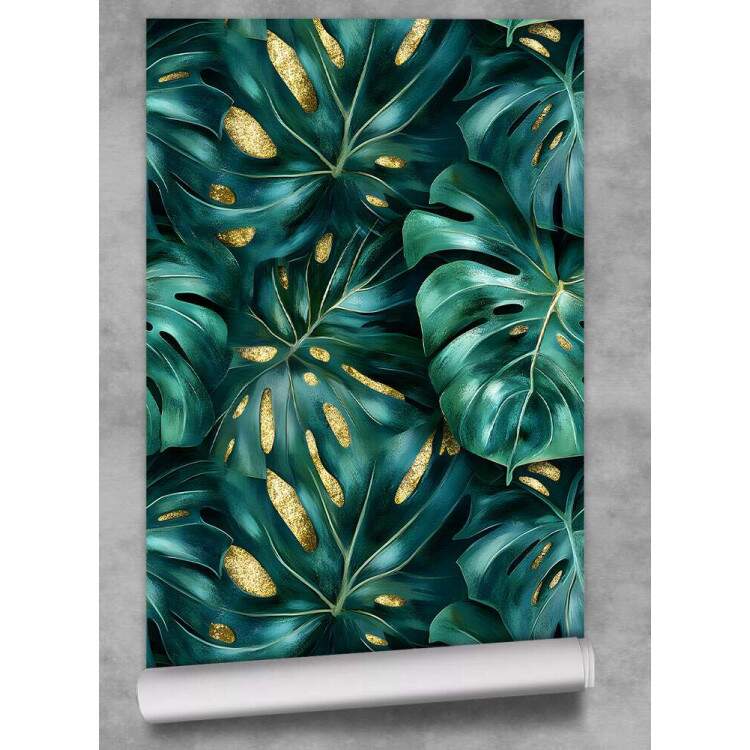 Papel de Parede Floral Folhas Monstera com Detalhes Dourados