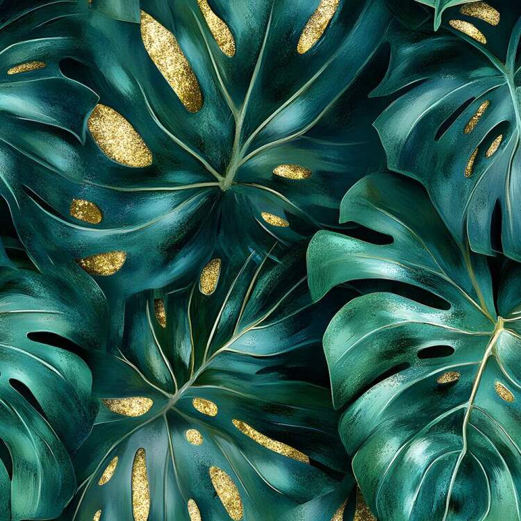 Papel de Parede Floral Folhas Monstera com Detalhes Dourados
