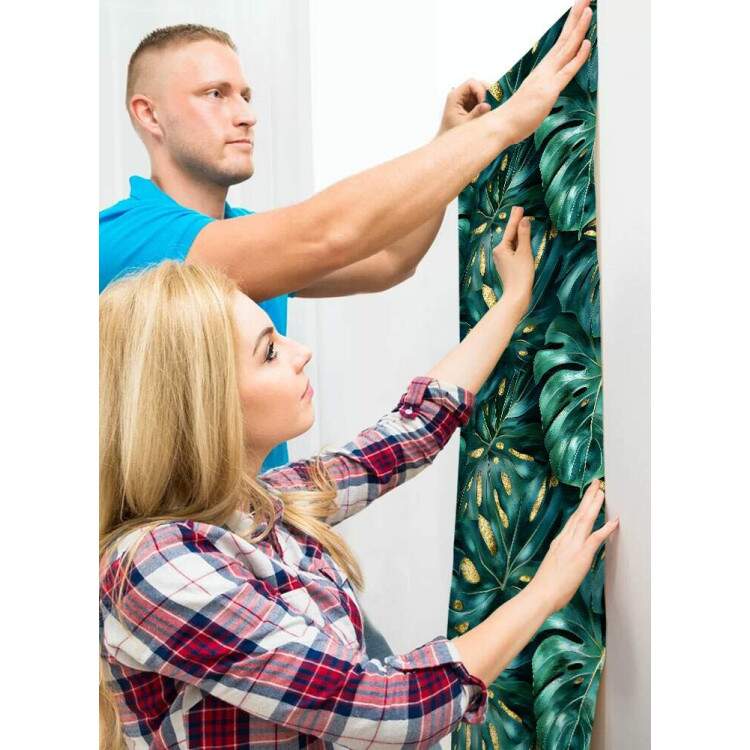Papel de Parede Floral Folhas Monstera com Detalhes Dourados