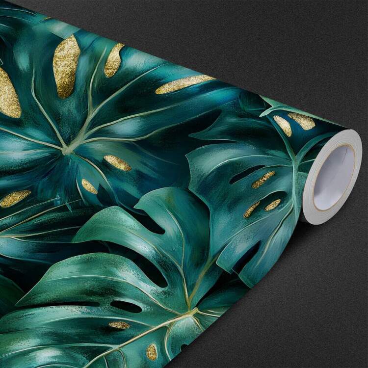 Papel de Parede Floral Folhas Monstera com Detalhes Dourados