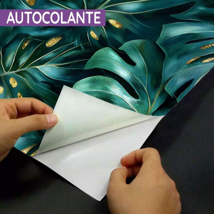 Papel de Parede Floral Folhas Monstera com Detalhes Dourados