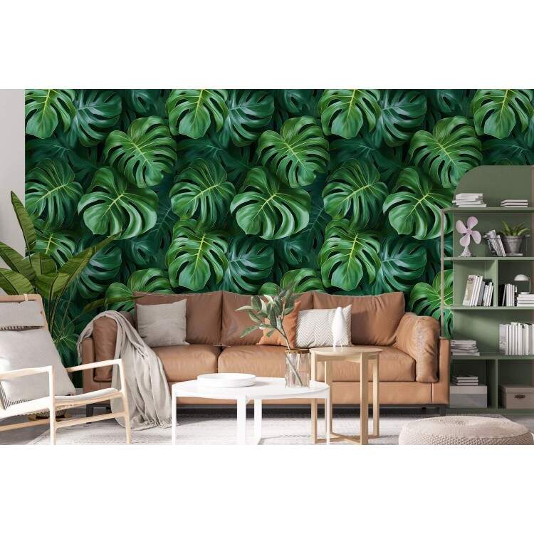 Papel de Parede Floral Folhas Monstera com Fundo Escuro