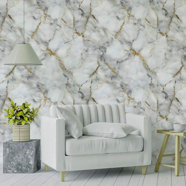 Papel de Parede Efeito Mrmore Branco com Dourado