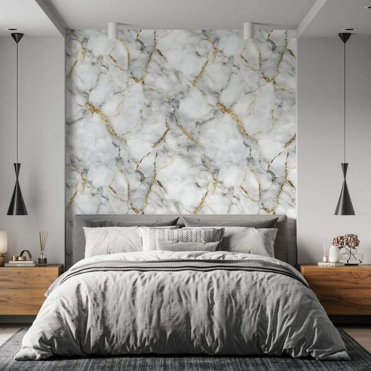 Papel de Parede Efeito Mrmore Branco com Dourado