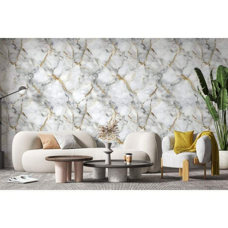 Papel de Parede Efeito Mrmore Branco com Dourado