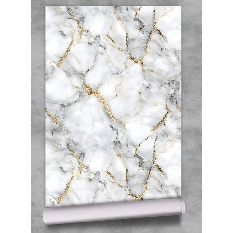 Papel de Parede Efeito Mrmore Branco com Dourado