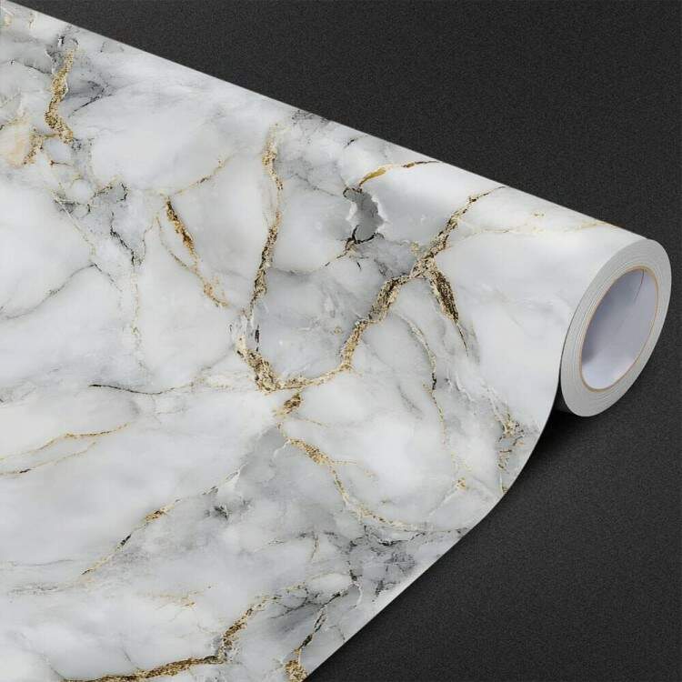Papel de Parede Efeito Mrmore Branco com Dourado