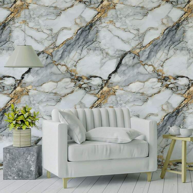Papel de Parede Efeito Textura de Mrmore Cinza e Dourado