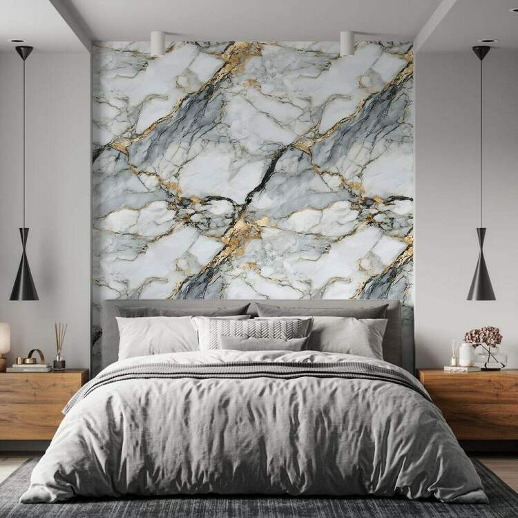 Papel de Parede Efeito Textura de Mrmore Cinza e Dourado