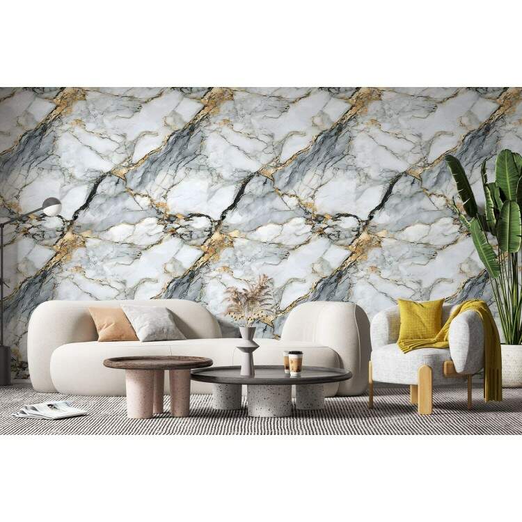 Papel de Parede Efeito Textura de Mrmore Cinza e Dourado
