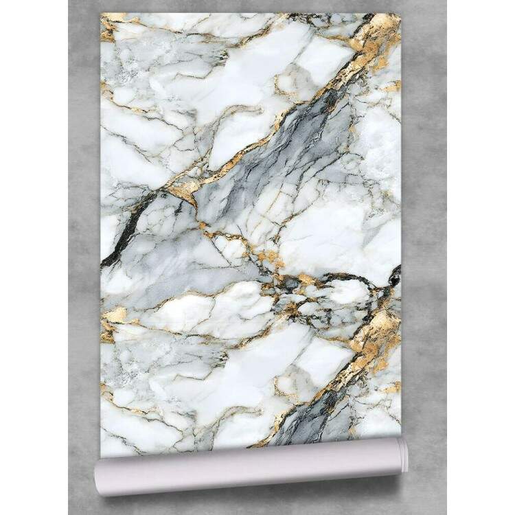 Papel de Parede Efeito Textura de Mrmore Cinza e Dourado