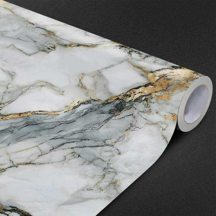Papel de Parede Efeito Textura de Mrmore Cinza e Dourado