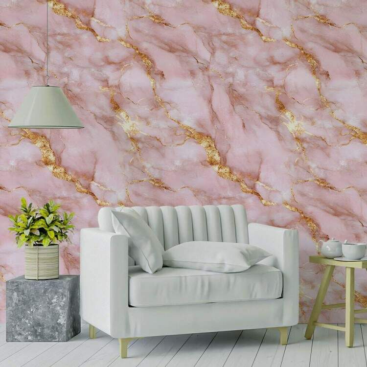 Papel de Parede Estilo Mrmore Rosa e Dourado
