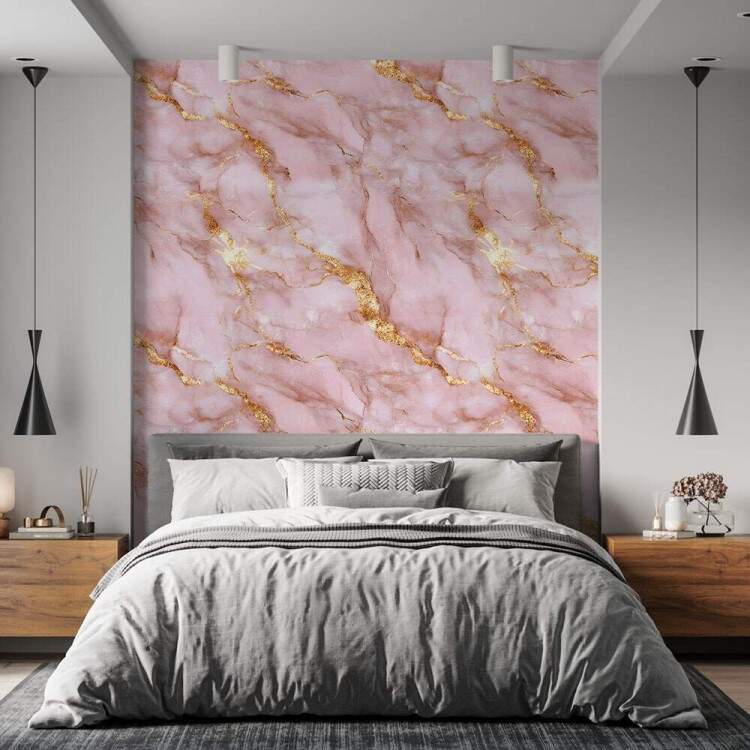 Papel de Parede Estilo Mrmore Rosa e Dourado