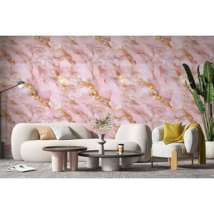 Papel de Parede Estilo Mrmore Rosa e Dourado