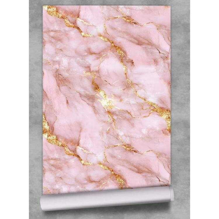 Papel de Parede Estilo Mrmore Rosa e Dourado