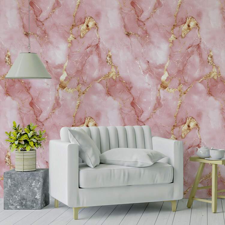 Papel de Parede Pedra Mrmore Rosa com Dourado