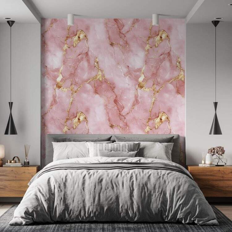 Papel de Parede Pedra Mrmore Rosa com Dourado