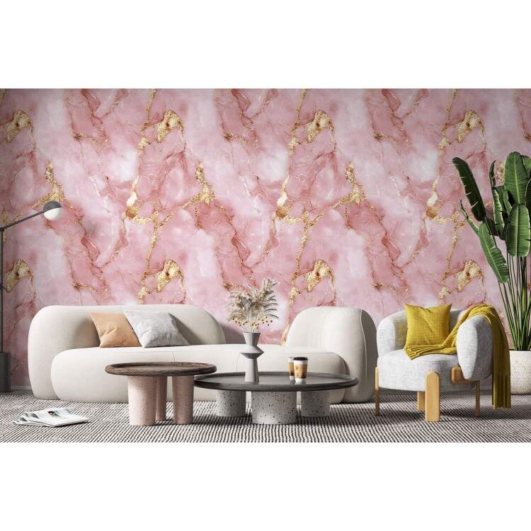 Papel de Parede Pedra Mrmore Rosa com Dourado
