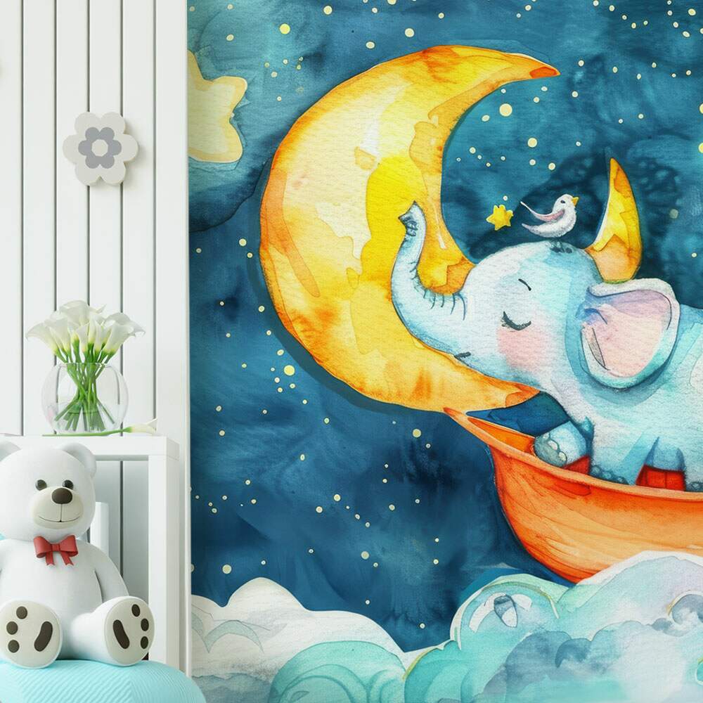 Papel de Parede Estilo Aquarela Elefante nas Nuvens e Lua MP