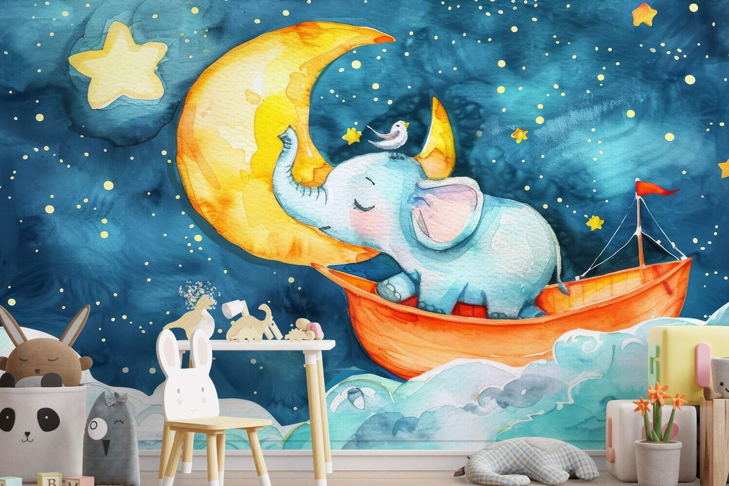 Papel de Parede Estilo Aquarela Elefante nas Nuvens e Lua MP