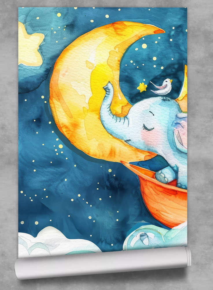 Papel de Parede Estilo Aquarela Elefante nas Nuvens e Lua MP