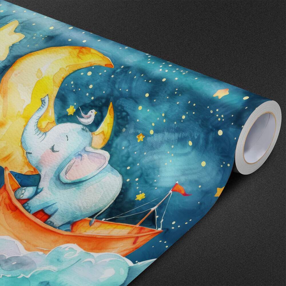 Papel de Parede Estilo Aquarela Elefante nas Nuvens e Lua MP