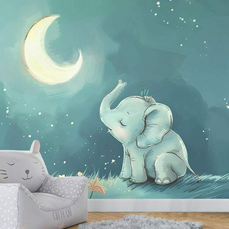 Papel de Parede Estilo Aquarela Elefante e Lua Brilhante MP