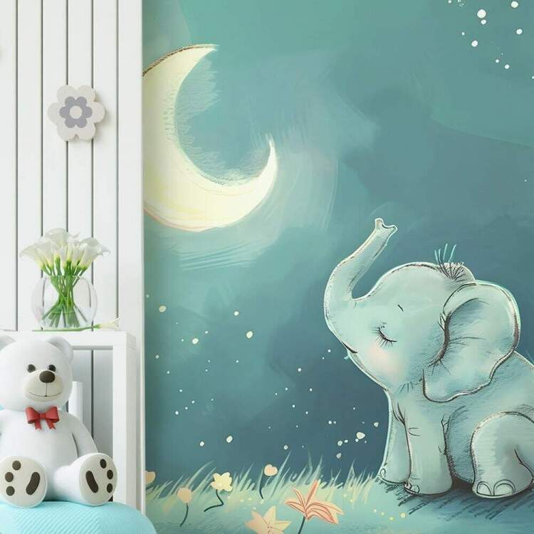 Papel de Parede Estilo Aquarela Elefante e Lua Brilhante MP