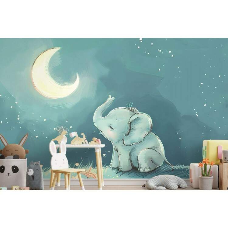 Papel de Parede Estilo Aquarela Elefante e Lua Brilhante MP