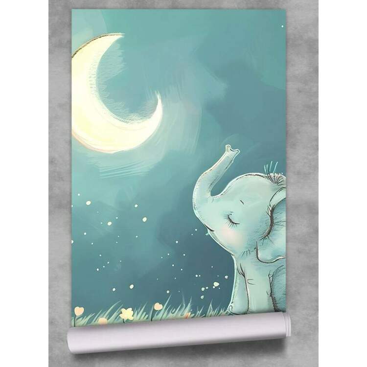Papel de Parede Estilo Aquarela Elefante e Lua Brilhante MP