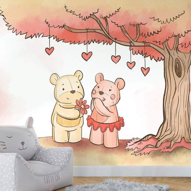 Papel de Parede Estilo Aquarela Ursinho Em Baixo de rvore MP
