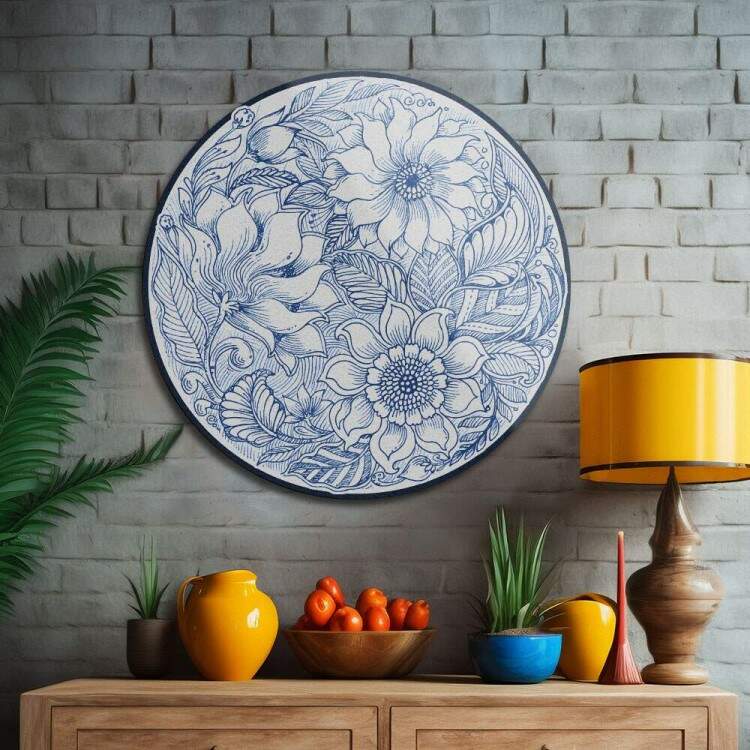 Quadro Decorativo MDF Floral Lineart Azul