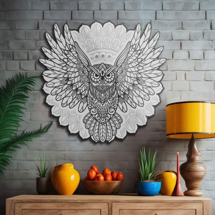 Quadro Decorativo MDF Mandala Coruja Preto e Branco
